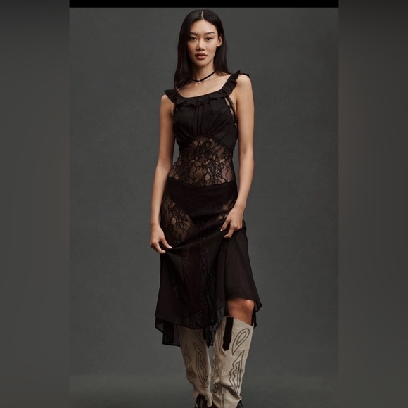Anthropologie Dresses & Skirts - By Anthropologie Black Sheer Lace Midi Women’s Dress Size Medium New With Tags